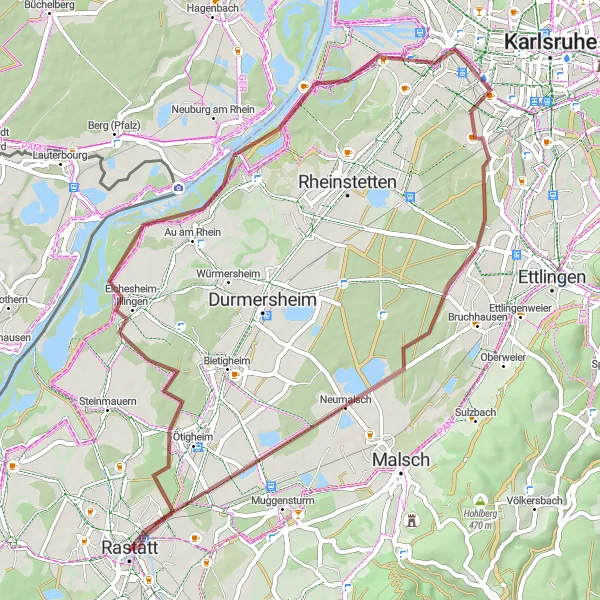 Map miniature of "Rastatt Gravel Adventure" cycling inspiration in Karlsruhe, Germany. Generated by Tarmacs.app cycling route planner
