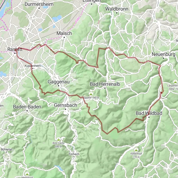 Map miniature of "Wilderness and Wildlife Gravel Adventure" cycling inspiration in Karlsruhe, Germany. Generated by Tarmacs.app cycling route planner