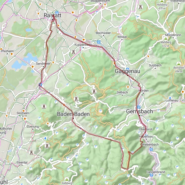 Map miniature of "Adventure in the Wilderness: Rheinau to Baden-Baden Gravel Ride" cycling inspiration in Karlsruhe, Germany. Generated by Tarmacs.app cycling route planner