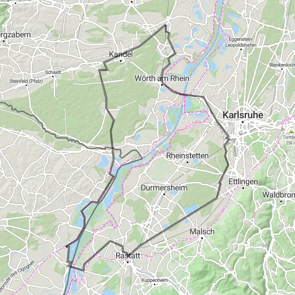 Map miniature of "Karlsruhe to Rheinau Loop" cycling inspiration in Karlsruhe, Germany. Generated by Tarmacs.app cycling route planner