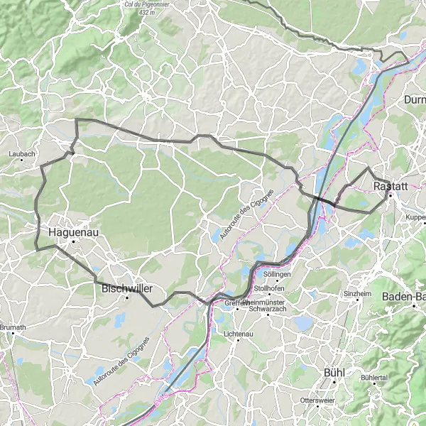 Map miniature of "Rheinau to Karlsruhe Loop" cycling inspiration in Karlsruhe, Germany. Generated by Tarmacs.app cycling route planner