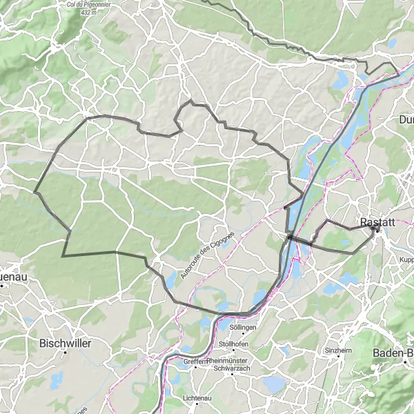 Map miniature of "Rheinau to Karlsruhe Loop via Seltz" cycling inspiration in Karlsruhe, Germany. Generated by Tarmacs.app cycling route planner