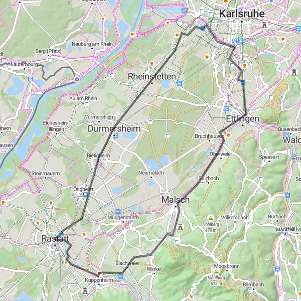 Karten-Miniaturansicht der Radinspiration "Rundtour durch das Umland von Karlsruhe" in Karlsruhe, Germany. Erstellt vom Tarmacs.app-Routenplaner für Radtouren