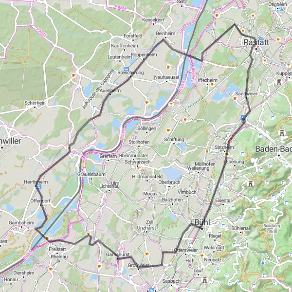 Map miniature of "Historical Gems and Scenic Beauty: Karlsruhe to Sessenheim Road Cycling Adventure" cycling inspiration in Karlsruhe, Germany. Generated by Tarmacs.app cycling route planner