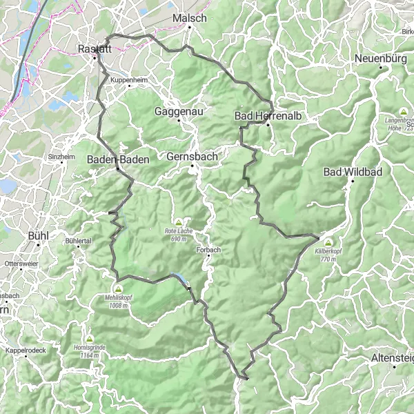 Map miniature of "The Ultimate Challenge: Panoramic Tour from Karlsruhe to Rastatt" cycling inspiration in Karlsruhe, Germany. Generated by Tarmacs.app cycling route planner