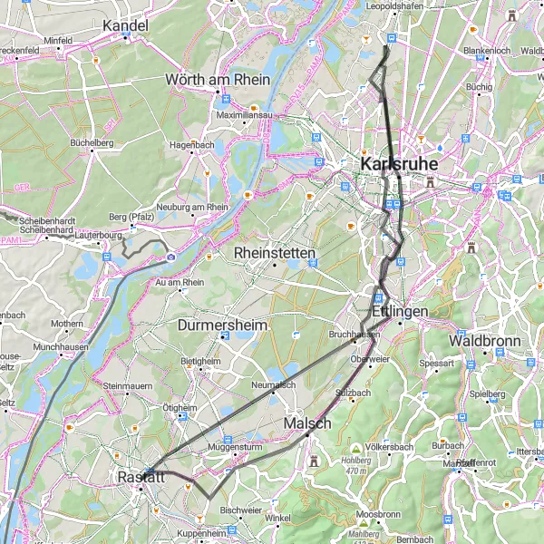 Map miniature of "Karlsruhe Road Loop" cycling inspiration in Karlsruhe, Germany. Generated by Tarmacs.app cycling route planner