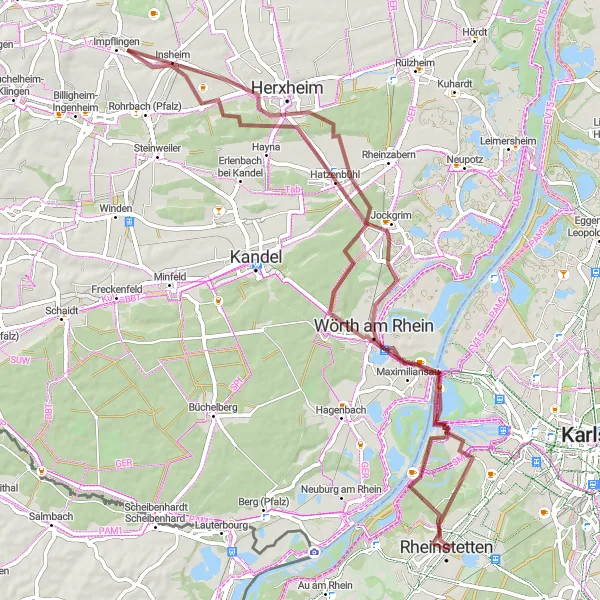 Karten-Miniaturansicht der Radinspiration "Gravel-Tour entlang des Rheins" in Karlsruhe, Germany. Erstellt vom Tarmacs.app-Routenplaner für Radtouren