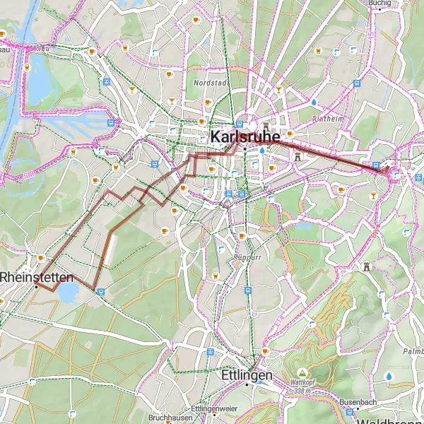 Map miniature of "Mount Klotz and Karlsruhe Gravel Adventure" cycling inspiration in Karlsruhe, Germany. Generated by Tarmacs.app cycling route planner