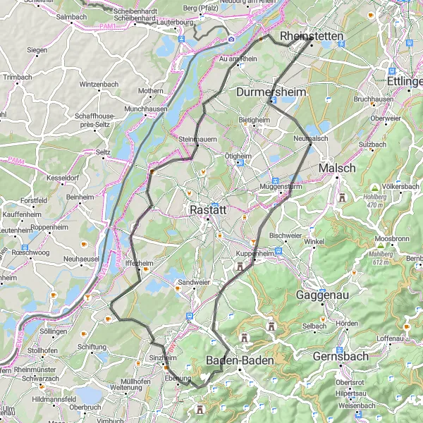 Map miniature of "Durmersheim Loop" cycling inspiration in Karlsruhe, Germany. Generated by Tarmacs.app cycling route planner