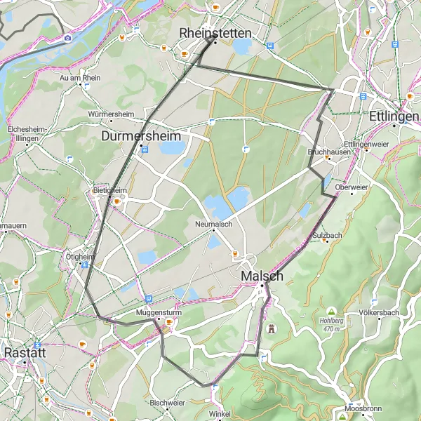 Map miniature of "Rheinstetten Scenic Ride" cycling inspiration in Karlsruhe, Germany. Generated by Tarmacs.app cycling route planner