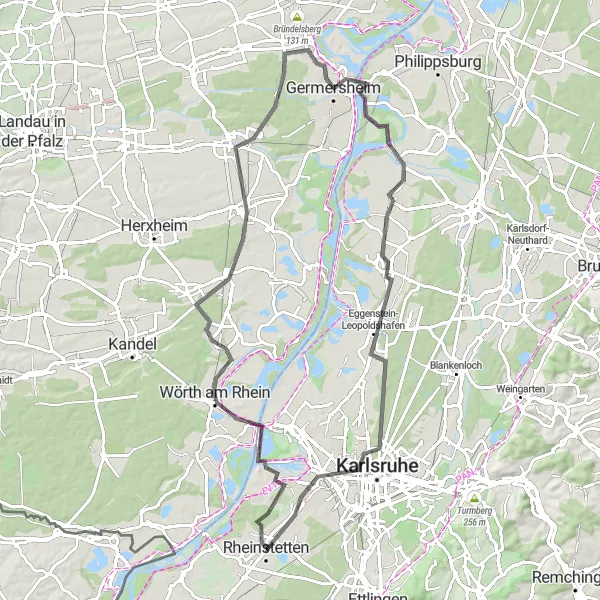 Karten-Miniaturansicht der Radinspiration "Rheinstetten-Rheinzabern-Runde" in Karlsruhe, Germany. Erstellt vom Tarmacs.app-Routenplaner für Radtouren