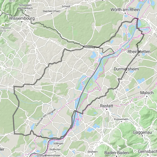 Karten-Miniaturansicht der Radinspiration "Weite Straßenradtour von Rheinstetten aus" in Karlsruhe, Germany. Erstellt vom Tarmacs.app-Routenplaner für Radtouren