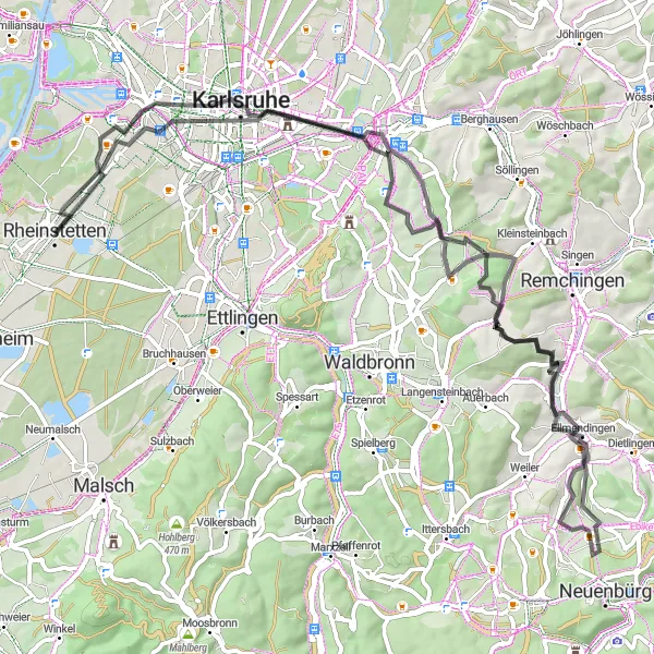 Map miniature of "Mountain Challenge: Rheinstetten to Mühlburg" cycling inspiration in Karlsruhe, Germany. Generated by Tarmacs.app cycling route planner