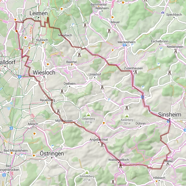 Karten-Miniaturansicht der Radinspiration "Abenteuerliche Gravel-Tour von Leimen über Sinsheim nach St. Ilgen" in Karlsruhe, Germany. Erstellt vom Tarmacs.app-Routenplaner für Radtouren