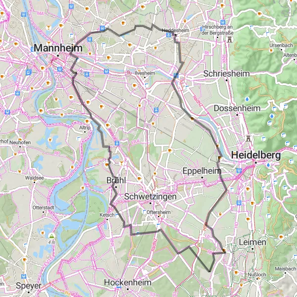 Map miniature of "Sandhausen to Ladenburg Loop" cycling inspiration in Karlsruhe, Germany. Generated by Tarmacs.app cycling route planner