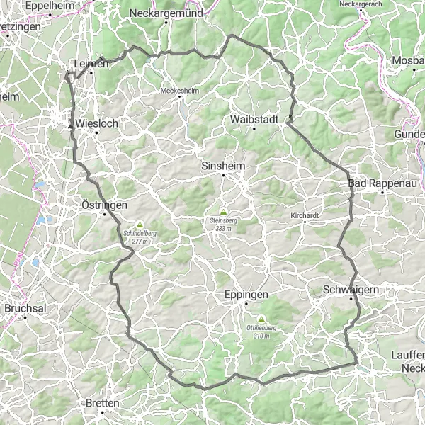 Map miniature of "Sandhausen to Frauenweiler Loop" cycling inspiration in Karlsruhe, Germany. Generated by Tarmacs.app cycling route planner