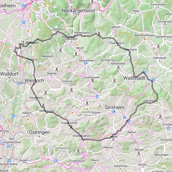 Map miniature of "Pleasant Sandhausen to Wiesloch Cycling Route" cycling inspiration in Karlsruhe, Germany. Generated by Tarmacs.app cycling route planner