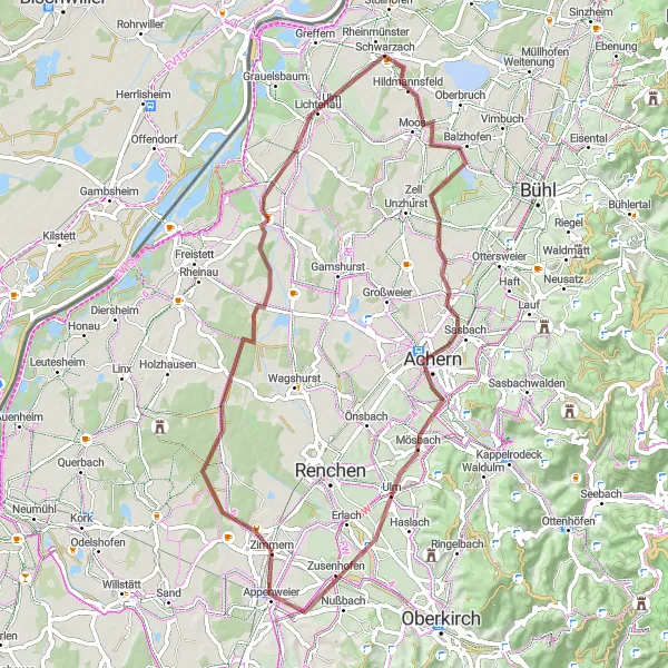 Map miniature of "Schwarzach Gravel Adventure" cycling inspiration in Karlsruhe, Germany. Generated by Tarmacs.app cycling route planner