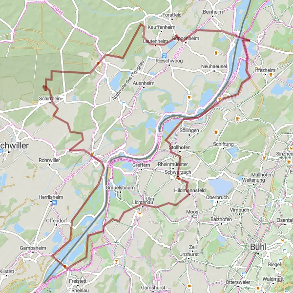 Map miniature of "The Rhine Valley Gravel Exploration" cycling inspiration in Karlsruhe, Germany. Generated by Tarmacs.app cycling route planner