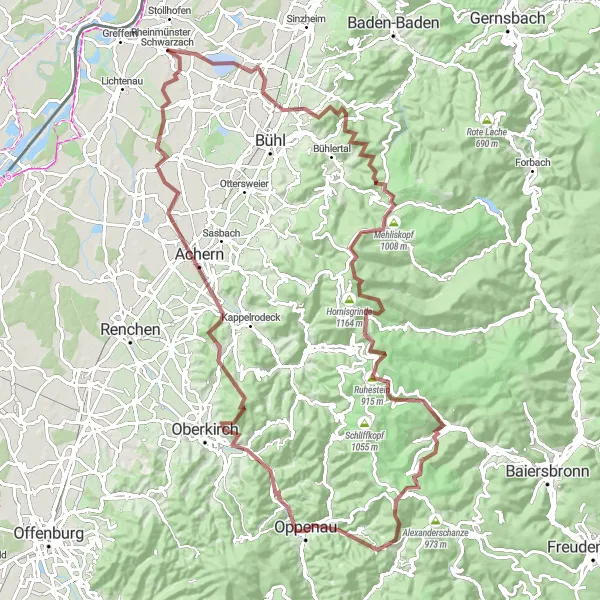 Map miniature of "The Grindelwald Gravel Challenge" cycling inspiration in Karlsruhe, Germany. Generated by Tarmacs.app cycling route planner