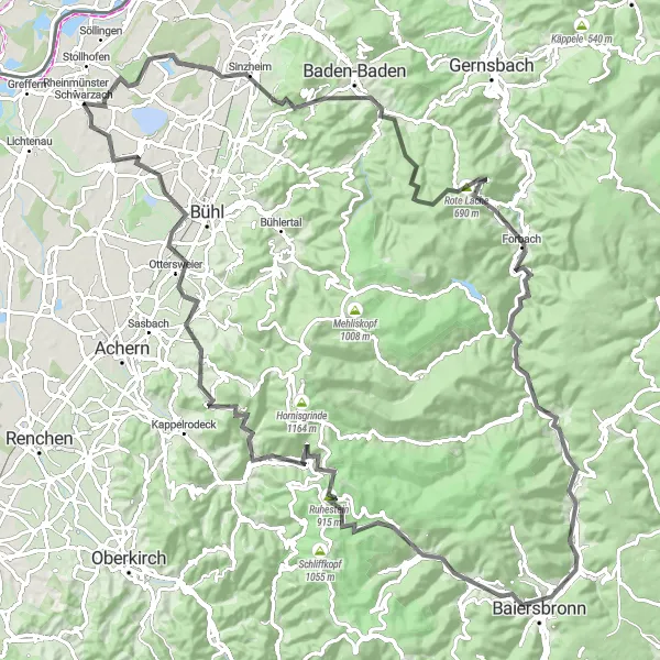 Map miniature of "The Black Forest Challenge" cycling inspiration in Karlsruhe, Germany. Generated by Tarmacs.app cycling route planner