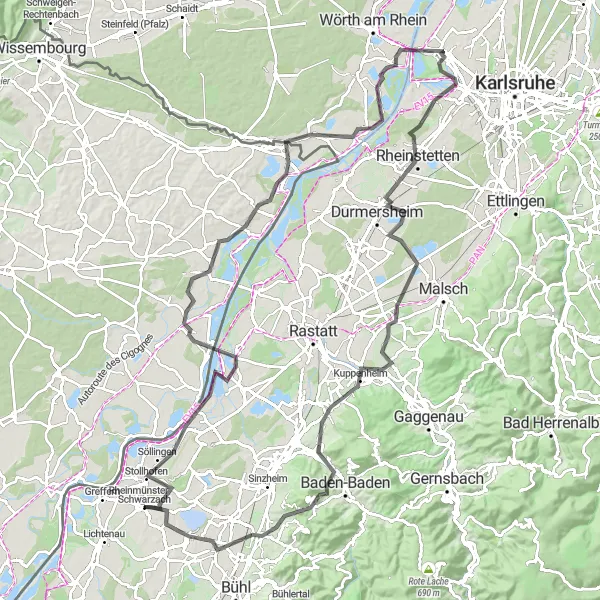 Map miniature of "The Rheinstetten Road Loop" cycling inspiration in Karlsruhe, Germany. Generated by Tarmacs.app cycling route planner
