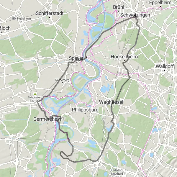 Map miniature of "Oftersheim-Germersheim Loop" cycling inspiration in Karlsruhe, Germany. Generated by Tarmacs.app cycling route planner