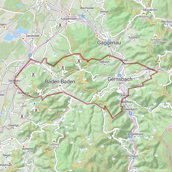 Karten-Miniaturansicht der Radinspiration "Sinzheim-Battert-Alt-Eberstein-Loffenau-Lautenfelsen-Hilpertsau-Kuchenberg-Fremersberg-Ebenung" in Karlsruhe, Germany. Erstellt vom Tarmacs.app-Routenplaner für Radtouren