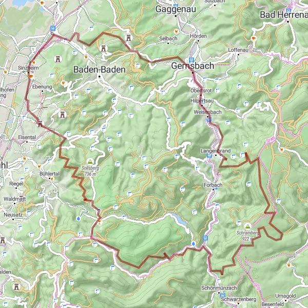 Map miniature of "Gernsbach Epic Gravel Expedition" cycling inspiration in Karlsruhe, Germany. Generated by Tarmacs.app cycling route planner