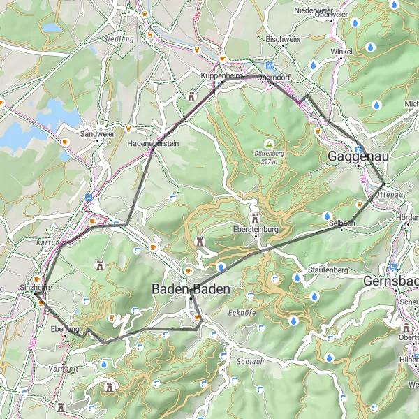 Map miniature of "Along the Valleys: Cycling Excursion near Sinzheim" cycling inspiration in Karlsruhe, Germany. Generated by Tarmacs.app cycling route planner