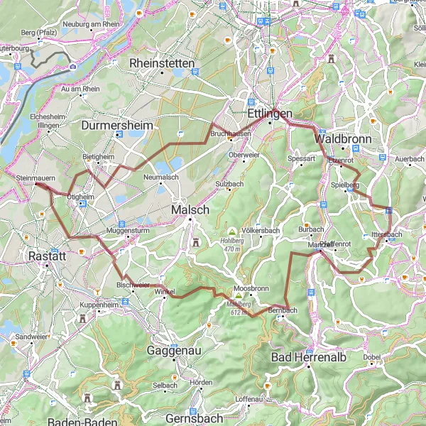 Map miniature of "Gravel Adventure Around Steinmauern" cycling inspiration in Karlsruhe, Germany. Generated by Tarmacs.app cycling route planner