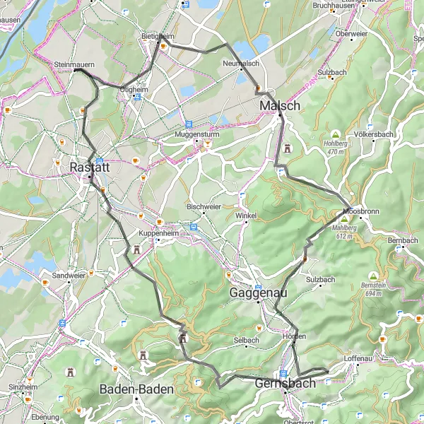 Map miniature of "Malsch Adventure" cycling inspiration in Karlsruhe, Germany. Generated by Tarmacs.app cycling route planner