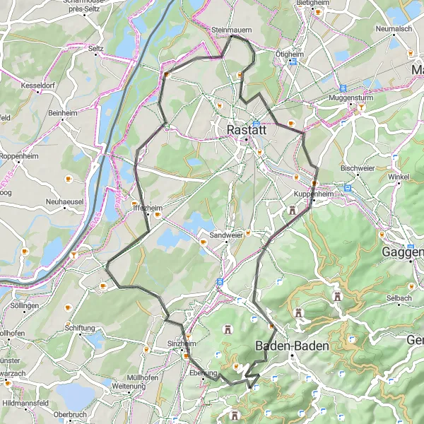 Map miniature of "Kuppenheim Loop" cycling inspiration in Karlsruhe, Germany. Generated by Tarmacs.app cycling route planner