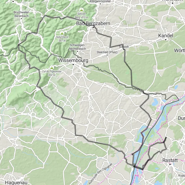 Karten-Miniaturansicht der Radinspiration "Bergauf und bergab durch die Pfälzer Berge" in Karlsruhe, Germany. Erstellt vom Tarmacs.app-Routenplaner für Radtouren