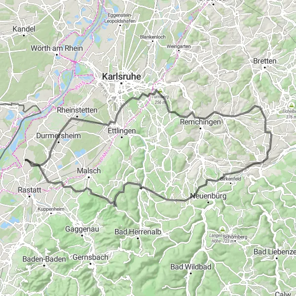 Karten-Miniaturansicht der Radinspiration "Hügelige Straßen von Steinmauern" in Karlsruhe, Germany. Erstellt vom Tarmacs.app-Routenplaner für Radtouren