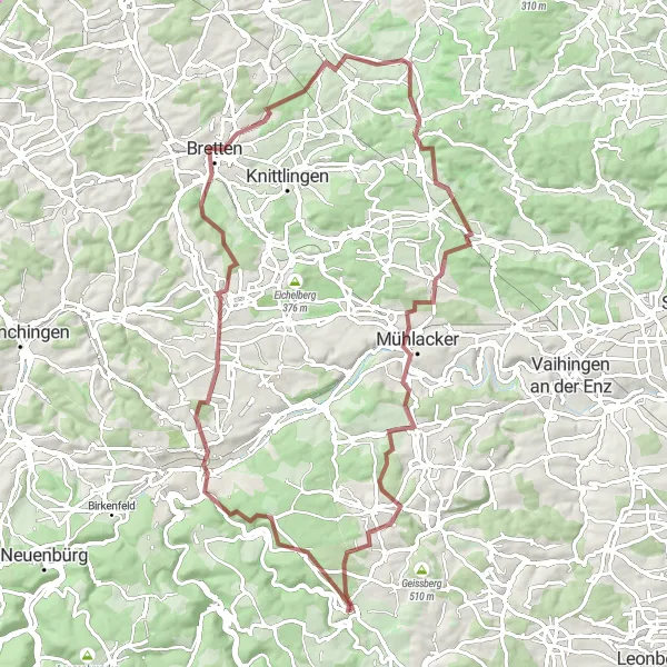 Karten-Miniaturansicht der Radinspiration "Hügelige Graveltour nach Bretten" in Karlsruhe, Germany. Erstellt vom Tarmacs.app-Routenplaner für Radtouren
