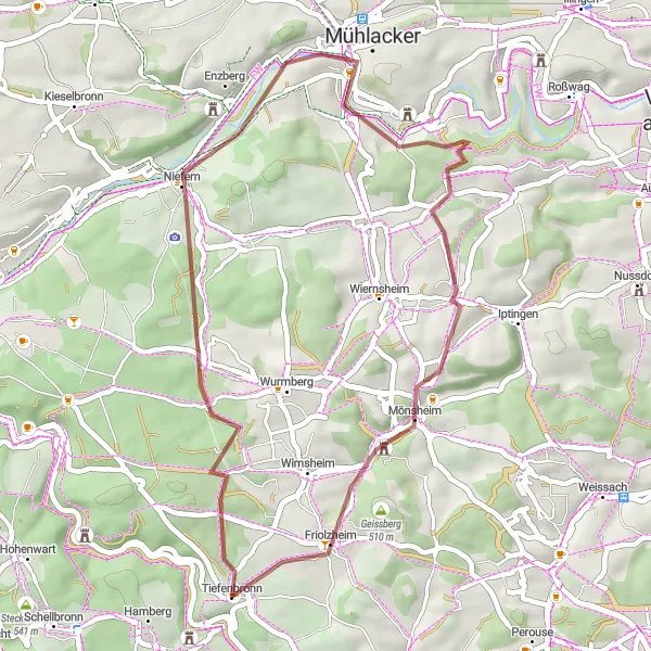 Karten-Miniaturansicht der Radinspiration "Graveltour von Tiefenbronn nach Burg Enzberg" in Karlsruhe, Germany. Erstellt vom Tarmacs.app-Routenplaner für Radtouren