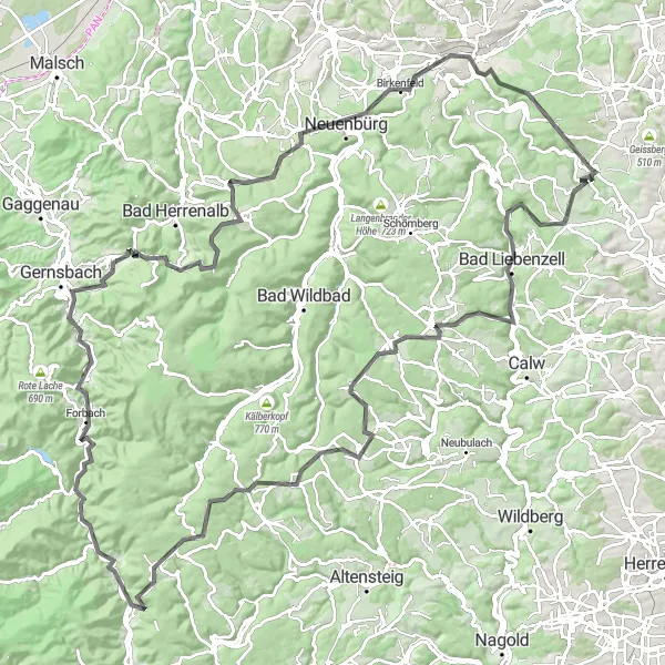 Karten-Miniaturansicht der Radinspiration "Rundfahrt von Tiefenbronn nach Dobel" in Karlsruhe, Germany. Erstellt vom Tarmacs.app-Routenplaner für Radtouren