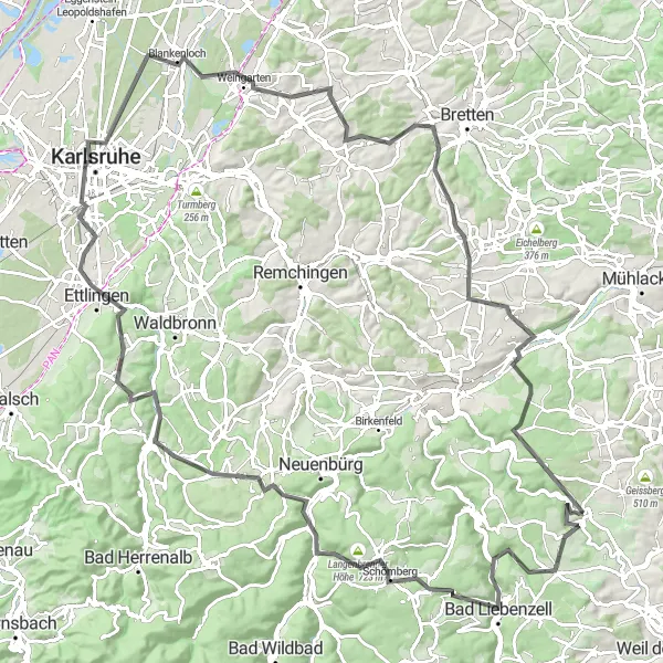 Karten-Miniaturansicht der Radinspiration "Hoch oben und tief unten in der Natur" in Karlsruhe, Germany. Erstellt vom Tarmacs.app-Routenplaner für Radtouren
