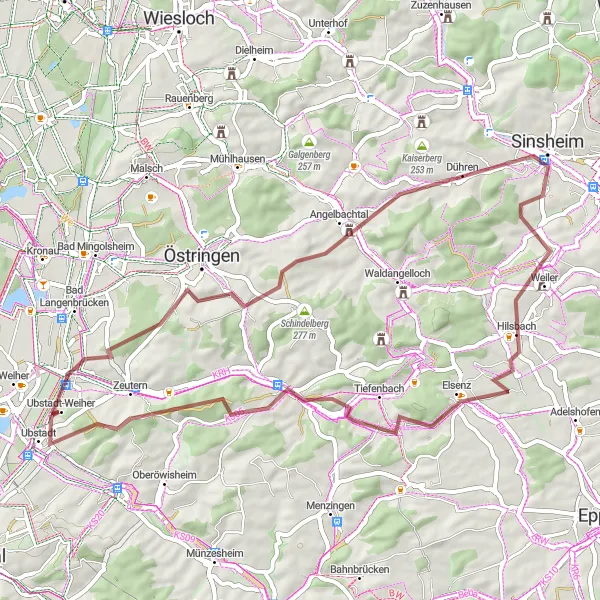 Map miniature of "Gravel Loop through Stettfeld and Zeutern" cycling inspiration in Karlsruhe, Germany. Generated by Tarmacs.app cycling route planner