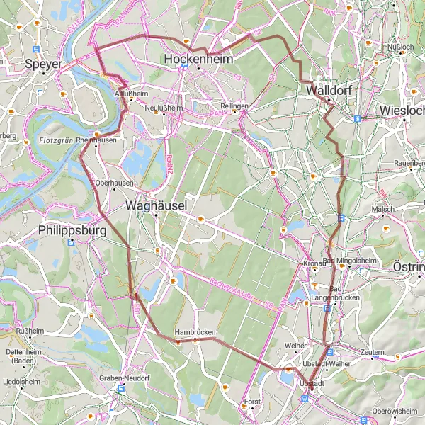 Map miniature of "Gravel Tour to Altlußheim and Hockenheim" cycling inspiration in Karlsruhe, Germany. Generated by Tarmacs.app cycling route planner