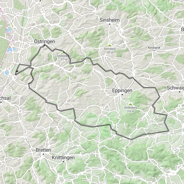Map miniature of "The Road Adventure" cycling inspiration in Karlsruhe, Germany. Generated by Tarmacs.app cycling route planner