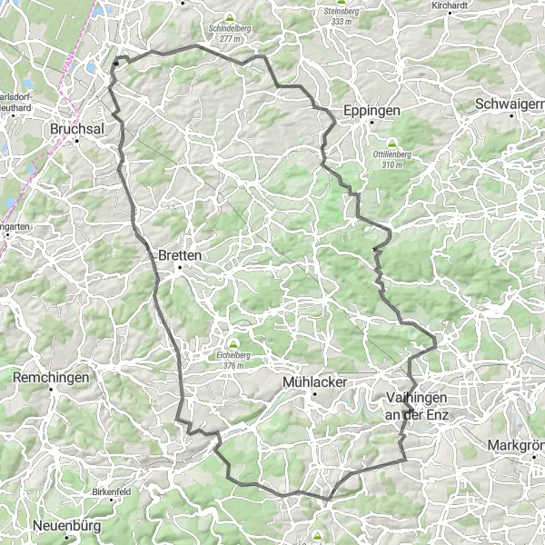 Map miniature of "The Enz Valley Loop" cycling inspiration in Karlsruhe, Germany. Generated by Tarmacs.app cycling route planner