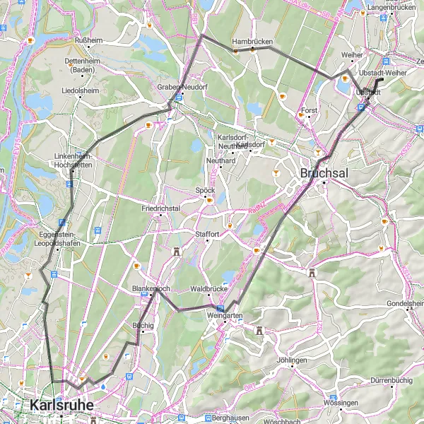 Map miniature of "Road Cycling Tour around Bruchsal and Weiher" cycling inspiration in Karlsruhe, Germany. Generated by Tarmacs.app cycling route planner