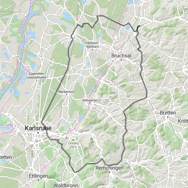 Map miniature of "Challenging Road Cycling Loop via Gondelsheim and Friedrichstal" cycling inspiration in Karlsruhe, Germany. Generated by Tarmacs.app cycling route planner