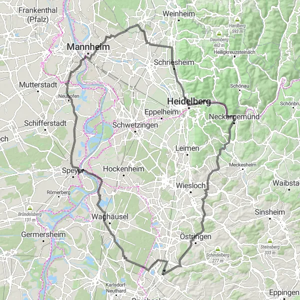 Map miniature of "Rhein River Tour" cycling inspiration in Karlsruhe, Germany. Generated by Tarmacs.app cycling route planner