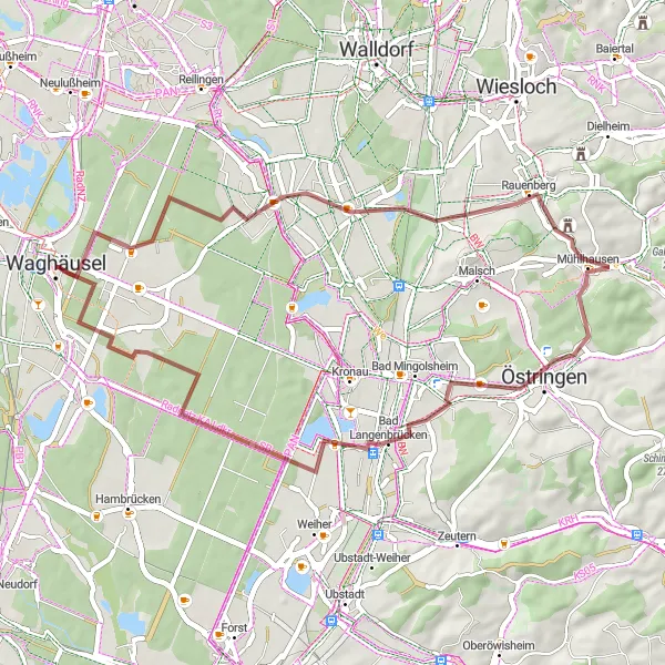 Map miniature of "The Gravel Adventure" cycling inspiration in Karlsruhe, Germany. Generated by Tarmacs.app cycling route planner