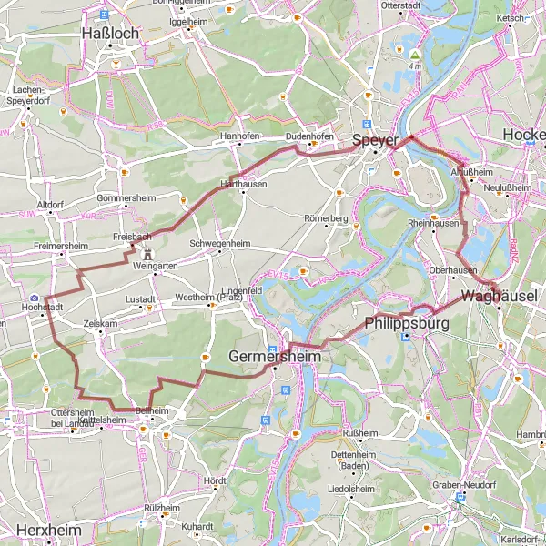 Map miniature of "The Gravel Expedition" cycling inspiration in Karlsruhe, Germany. Generated by Tarmacs.app cycling route planner