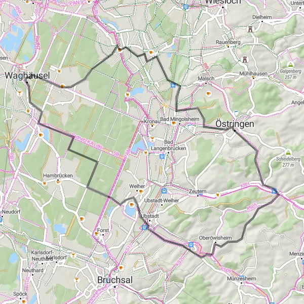 Karten-Miniaturansicht der Radinspiration "Rundweg durch Waghäusel und Umgebung" in Karlsruhe, Germany. Erstellt vom Tarmacs.app-Routenplaner für Radtouren