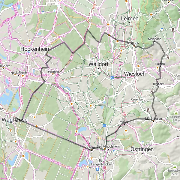 Map miniature of "The Rolling Hills" cycling inspiration in Karlsruhe, Germany. Generated by Tarmacs.app cycling route planner